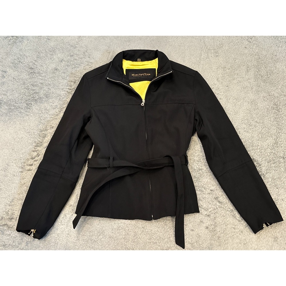 Marc New York Jacket Womens Large Black Long Sleeve Belted Full-Zip RUNS SMALL